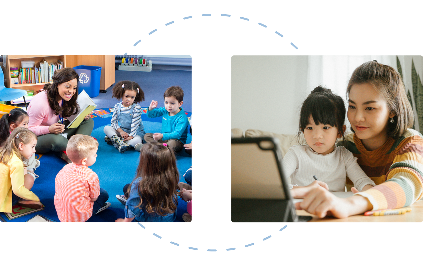 distance learning graphic showing a classroom setting connecting to a home setting